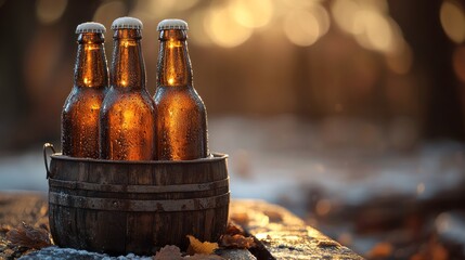 Three amber beer bottles in a wooden bucket, outdoors, winter light