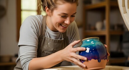 A smiling woman with curly hair, wearing an apron, examines a vibrant blue and purple glazed clay pot in a bright, airy pottery studio