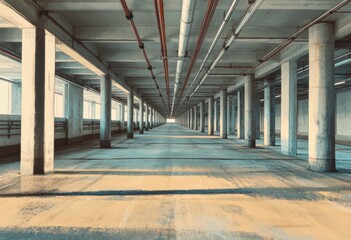 Naklejka premium Abandoned parking garage corridor with long perspective and moody lighting