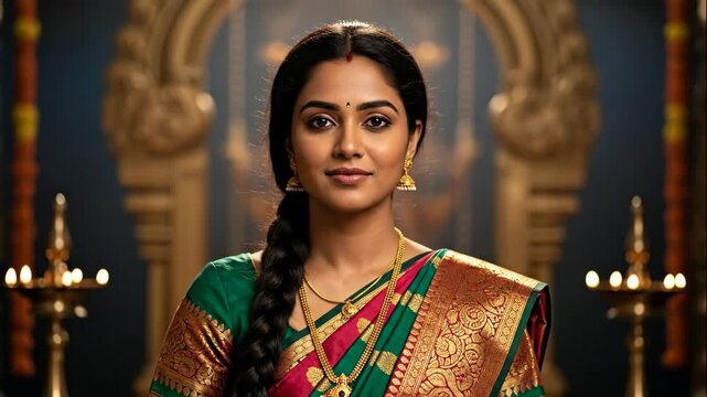 Indian woman with eyes closed and hands pressed together in traditional namaste gesture for religious devotion video footage