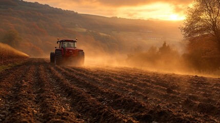 Obraz premium Tractor plowing field at golden sunset