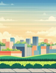 Modern city skyline with green hill and blue sky