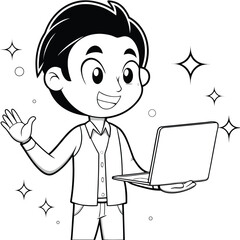 Smiling cartoon boy holds a laptop while waving hello among shining stars