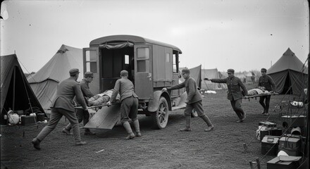 Obraz premium Wwi caucasian male soldiers loading wounded onto ambulance in field camp