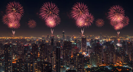Spectacular Fireworks Display Over City Skyline at Night