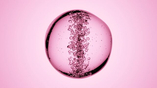 Abstract 3D transparent sphere with vertical air bubble column rotating on pink surface, surreal seamless background for futuristic minimal cosmetics, beauty, and scientific visuals.