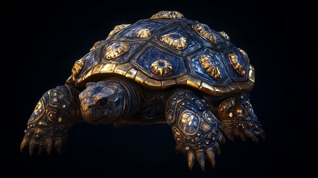 A majestic tortoise featuring an ornate golden shell design.