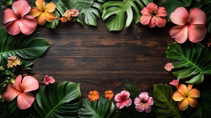 Tropical flowers and leaves frame on dark wood