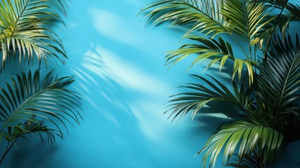 Tropical palm leaves on vibrant blue background