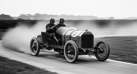 Vintage race car in action with two drivers on dirt track