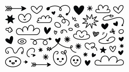 Fototapeta premium Set of hand-drawn doodle elements including hearts arrows and clouds simple vector illustration for decoration and design