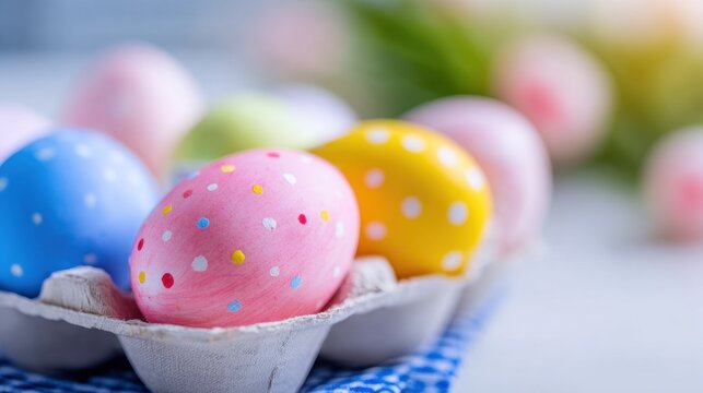 Colorful Easter eggs in an egg carton on a festive table setting - Powered by Adobe