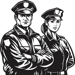 Monochrome officer and policewoman wearing caps stand together with arms crossed sternly looking ahead