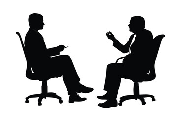 Two caucasian businesspeople are sitting in chairs talking in silhouette against a white background