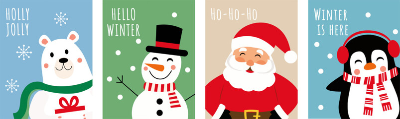 Set of cards with cute Christmas characters Santa Claus, polar bear, penguin, snowman. Template for card poster invitation flyer.