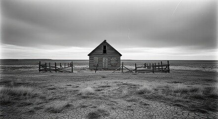 Isolated wooden house on barren landscape under cloudy sky