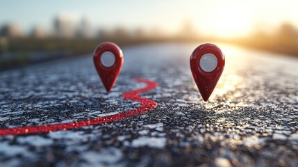 Two red map markers on a road, sunset background