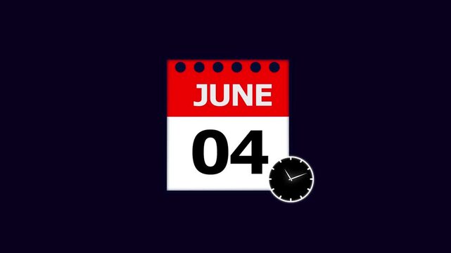 Year 04 June graphic Infrared calendar in futuristic and tech glowing, Calendar appearing with the date June 04,chroma key ,calendar icon monthly Clock countdown timer icon 4k video.