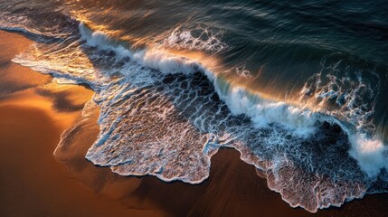 Golden hour light illuminates powerful ocean waves breaking on a pristine sandy beach from an aerial view.