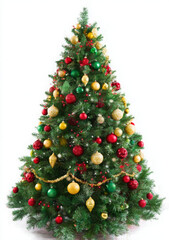 A beautifully decorated Christmas tree adorned with red, green, and gold ornaments, lights, and garland, standing tall against a white background.