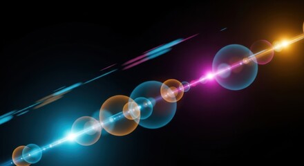 Abstract optical light flares in cyan, magenta, amber, and indigo tones on black background, glowing translucent spheres, cinematic bokeh reflections, holographic prism glow, dreamy HDR photography 
