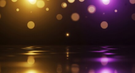 Golden and purple light flares with bokeh glow on a dark background, smooth reflections, luxury abstract aesthetic, cinematic optical lens reflections, artistic photography 
