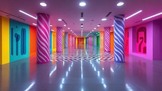 Vibrant colorful tunnel with patterned columns - Powered by Adobe