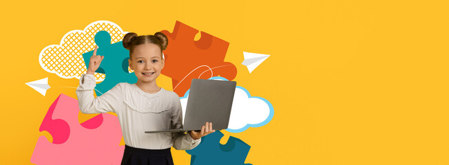 A joyful child holds a laptop and smiles while surrounded by colorful puzzle pieces and clouds. This scene represents learning and creativity in a vibrant school setting.
