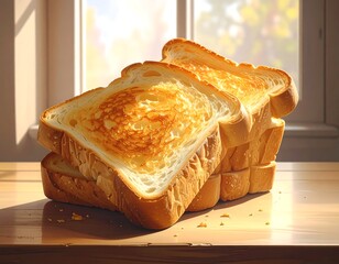 Stacked golden toasted bread slices on a wooden table, sunny background