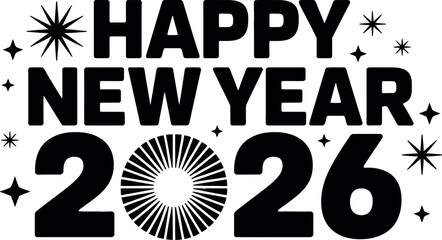 Vector art of happy new year 2026 typography design with stars and fireworks elements