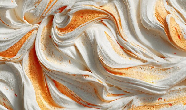 Indulge in the luscious texture of creamy white meringue swirled with vibrant orange zest, a sweet delight for culinary inspiration and vibrant designs