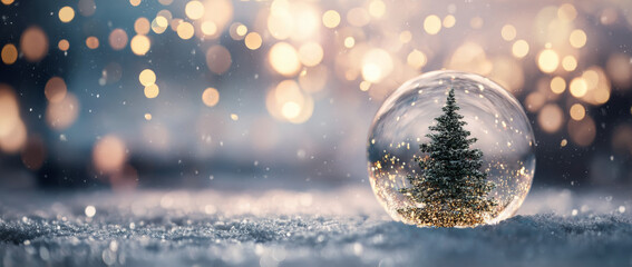 Christmas tree in a snow globe sparkling bokeh lights background festive winter holiday season concept