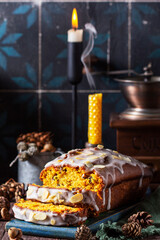 Pumpkin cake with chocolate and icing, prepared for a Halloween party.