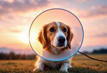 Beagle wearing an inflatable cone in a sunny field at sunset