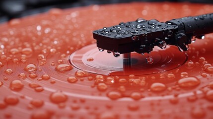 Water droplets on a red vinyl record player
