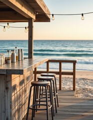 Beachside wooden bar with stools and string lights at dusk
