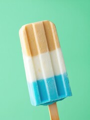 Colorful layered popsicle on a wooden stick against mint backdrop