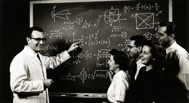 Caucasian male educator teaching mathematics to young adults on chalkboard