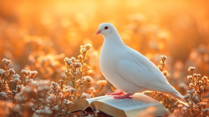 Fototapeta premium White dove on open book in golden field