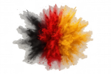 Powder explosion burst in black, red, and yellow colors, resembling the german flag, on transparent background