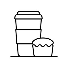 A cup with a lid and a cupcake icon. Black outline line silhouette. Editable strokes. Front and side view. Vector simple flat graphic illustration. Isolated object on a white background.