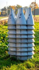 Stacked metallic objects in field, with green grass and blurred background