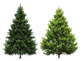 Obraz premium Two evergreen trees, one darker and one lighter, stand side by side against a white background.