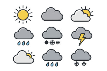 Obraz premium Set of weather icons: sun, clouds, rain, snow, thunderstorm