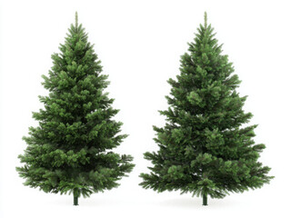 Obraz premium Two evergreen trees with dense, green needles stand side-by-side against a white background.