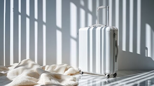 White suitcase on marble floor, draped with cream fabric, in sunlit room