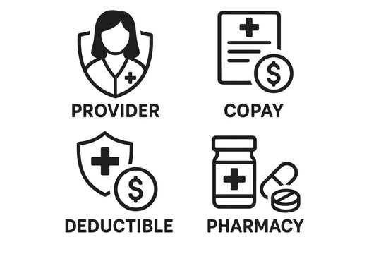 Healthcare icons: provider, copay, deductible, pharmacy symbols illustrated