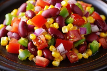 Colorful mixed salad with beans, corn, tomatoes, and peppers in a rustic dish