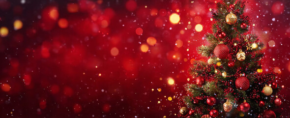 Decorated Christmas tree with red and gold ornaments against a sparkling red bokeh background with falling snow.
