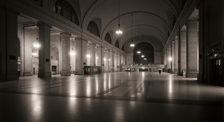 Fototapeta premium Historic empty train station interior with arched ceilings and tall columns at night
